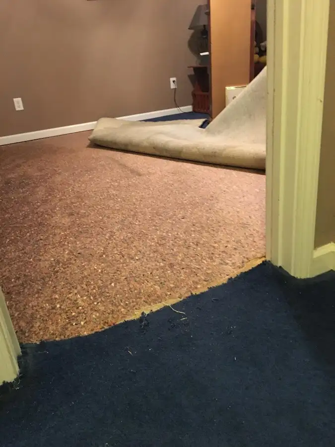 Carpet pad removal revealing water damage during Drying & Dehumidification in Tucker